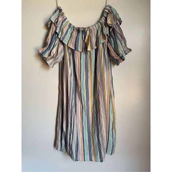 NEW Hem&Thread Womens Striped Ruffled Off‎ the Shoulder Dress sz S Beachy Boho - Picture 2 of 4